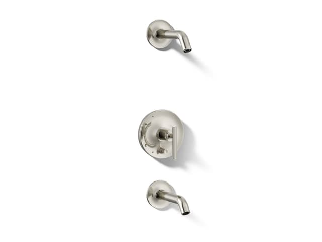 Kohler Purist Rite-Temp bath and shower trim kit with push-button diverter and lever handle, without showerhead - Vibrant Polished Nickel