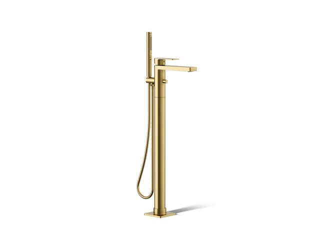 Kohler Parallel Floor-mount bath filler trim with handshower - Vibrant Brushed Moderne Brass