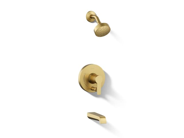 Kohler Pitch Rite-Temp bath and shower trim kit with push-button diverter and lever handle, 2.5 gpm - Vibrant Brushed Moderne Brass