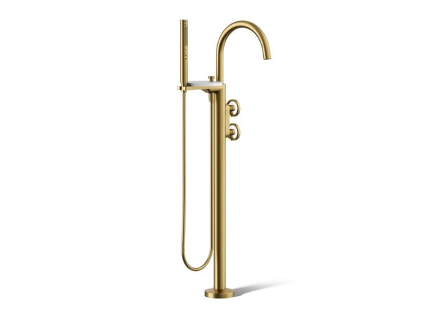 Kohler Components Floor-mount bath filler trim with industrial handles and handshower - Vibrant Brushed Moderne Brass