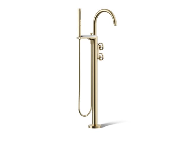 Kohler Components Floor-mount bath filler trim with industrial handles and handshower - Vibrant French Gold