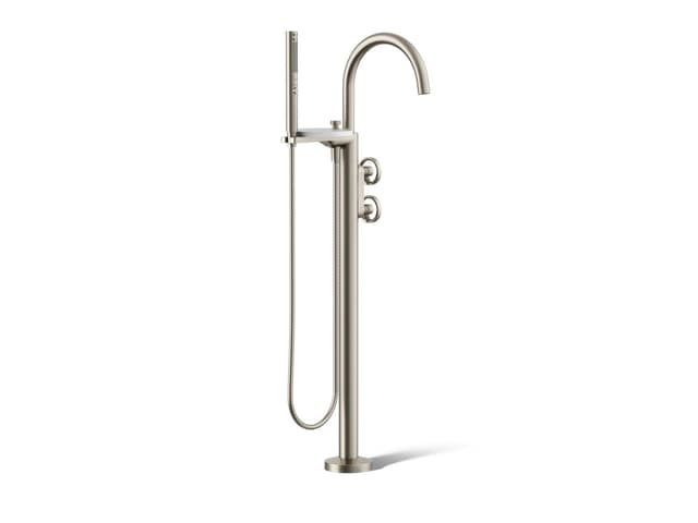 Kohler Components Floor-mount bath filler trim with industrial handles and handshower - Vibrant Brushed Nickel