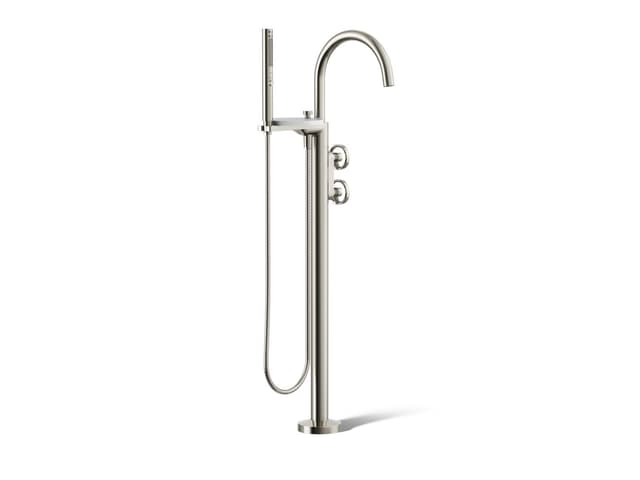 Kohler Components Floor-mount bath filler trim with industrial handles and handshower - Vibrant Polished Nickel