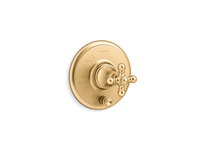 Kohler Artifacts Rite-Temp valve trim with push-button diverter and cross handle - Vibrant Brushed Moderne Brass