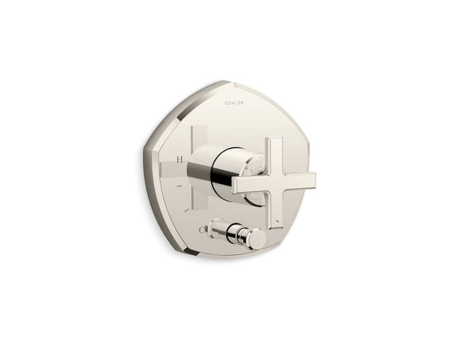 Kohler Occasion Rite-Temp valve trim with push-button diverter and cross handle - Vibrant Polished Nickel