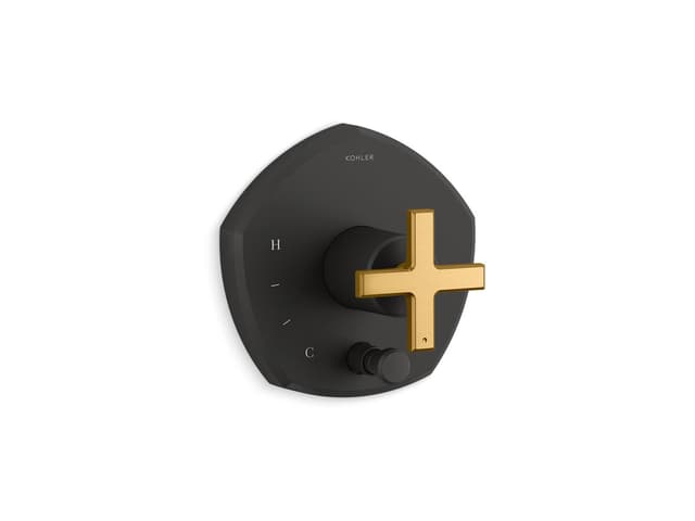 Kohler Occasion Rite-Temp valve trim with push-button diverter and cross handle - Matte Black With Brushed Moderne Brass