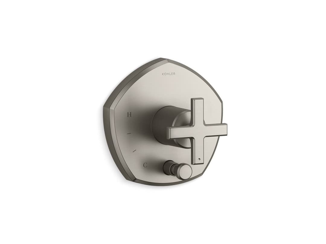 Kohler Occasion Rite-Temp valve trim with push-button diverter and cross handle - Vibrant Brushed Nickel by Kohler