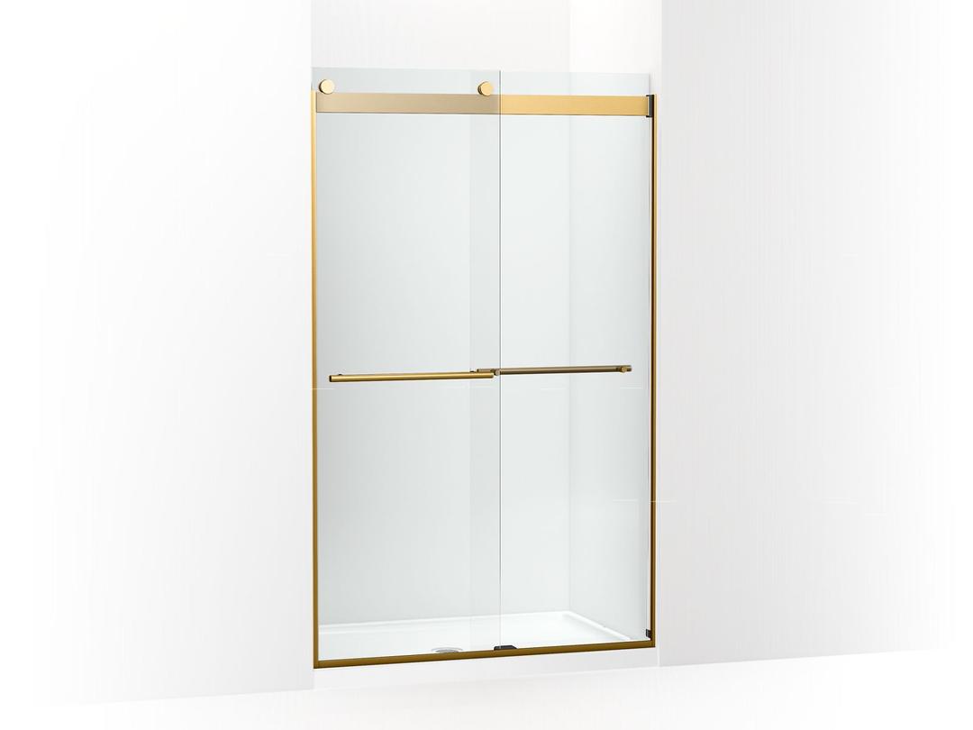 Kohler Levity Plus Frameless sliding shower door, 77-9/16'' H x 44-5/8 - 47-5/8'' W, with 5/16''-thick Crystal Clear glass - Vibrant Brushed Moderne Brass by Kohler