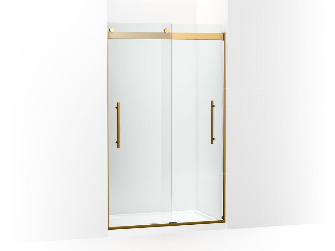 Kohler Levity Plus Frameless sliding shower door, 77-9/16'' H x 44-5/8 - 47-5/8'' W, with 5/16''-thick Crystal Clear glass - Vibrant Brushed Moderne Brass by Kohler