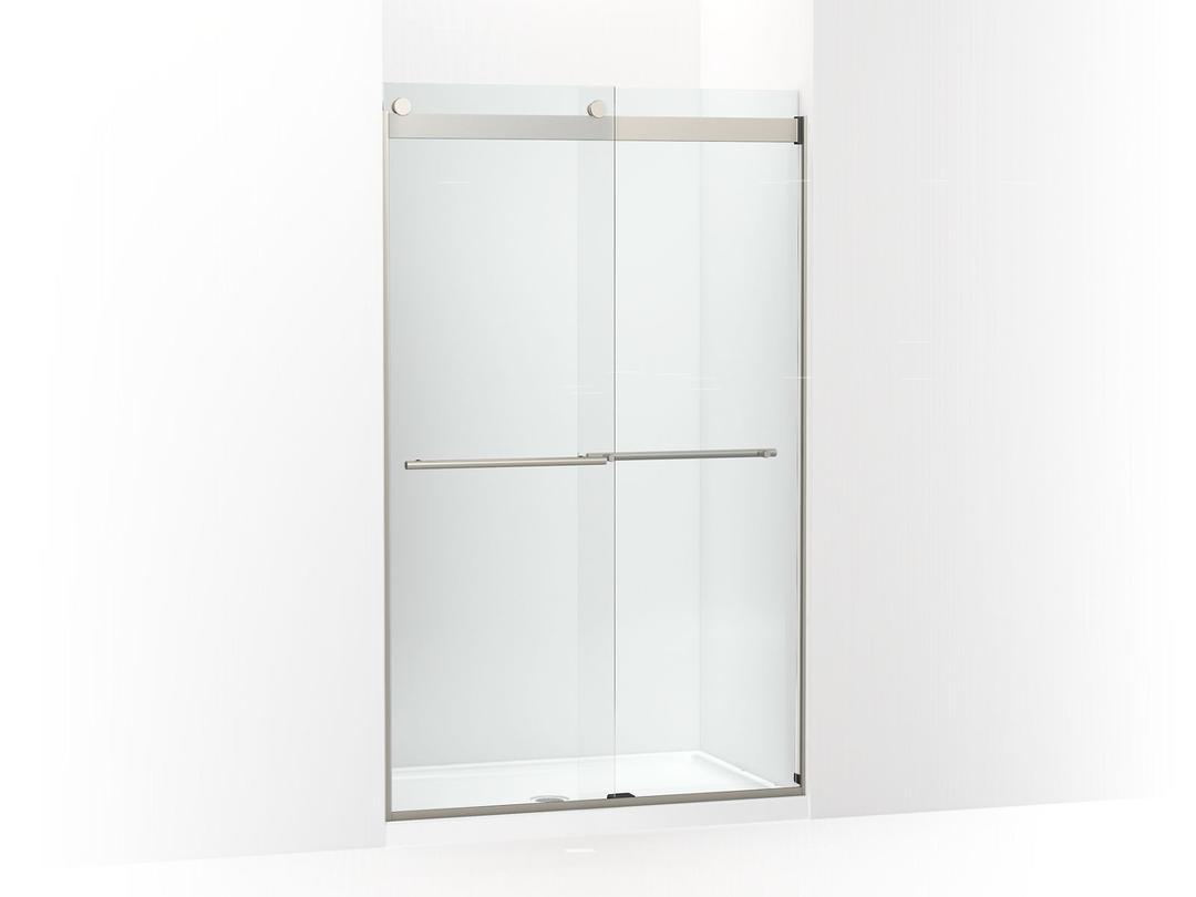 Kohler Levity Plus Frameless sliding shower door, 77-9/16'' H x 44-5/8 - 47-5/8'' W, with 5/16''-thick Crystal Clear glass - Anodized Brushed Nickel by Kohler