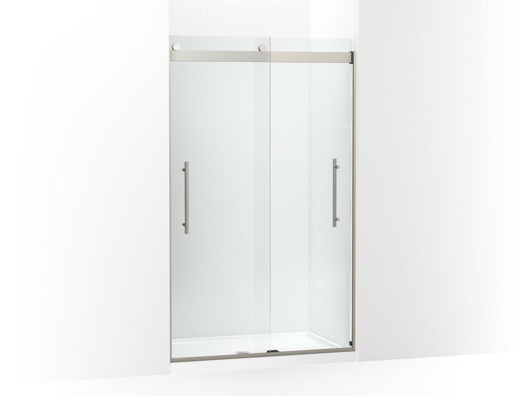Kohler Levity Plus Frameless sliding shower door, 77-9/16'' H x 44-5/8 - 47-5/8'' W, with 5/16''-thick Crystal Clear glass - Anodized Brushed Nickel by Kohler