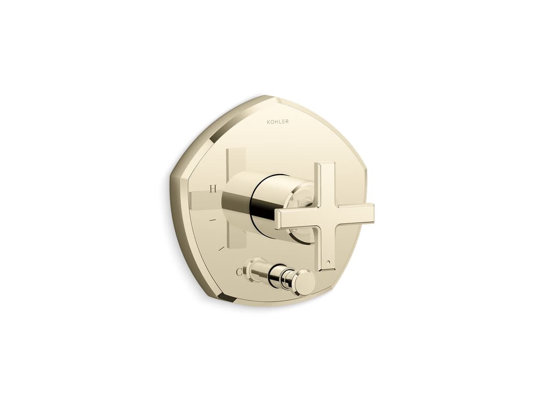 Kohler Occasion Rite-Temp valve trim with push-button diverter and cross handle - Vibrant French Gold by Kohler