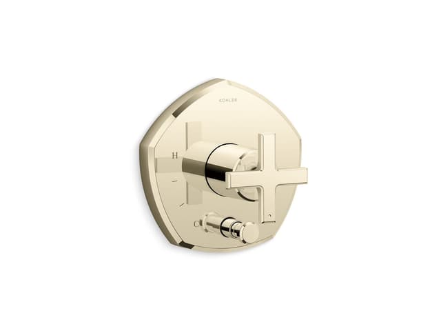 Kohler Occasion Rite-Temp valve trim with push-button diverter and cross handle - Vibrant French Gold