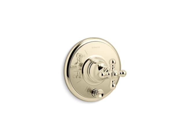 Kohler Artifacts Rite-Temp valve trim with push-button diverter and cross handle - Vibrant French Gold