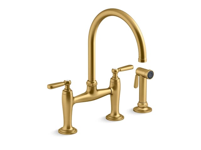 Kohler EdalynE by Studio McGee Two-hole bridge kitchen sink faucet with side sprayer - Vibrant Brushed Moderne Brass