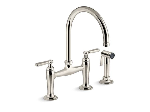 Kohler EdalynE by Studio McGee Two-hole bridge kitchen sink faucet with side sprayer - Vibrant Polished Nickel