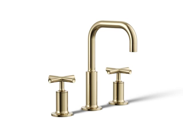 Kohler Purist Widespread bathroom sink faucet with Cross handles, 1.2 gpm - Vibrant French Gold