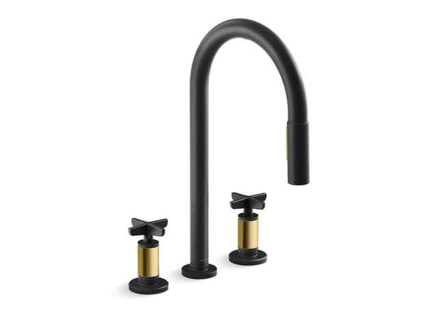 Kohler Touchless pull-down kitchen sink faucet with two-function sprayhead - Matte Black With Brushed Moderne Brass