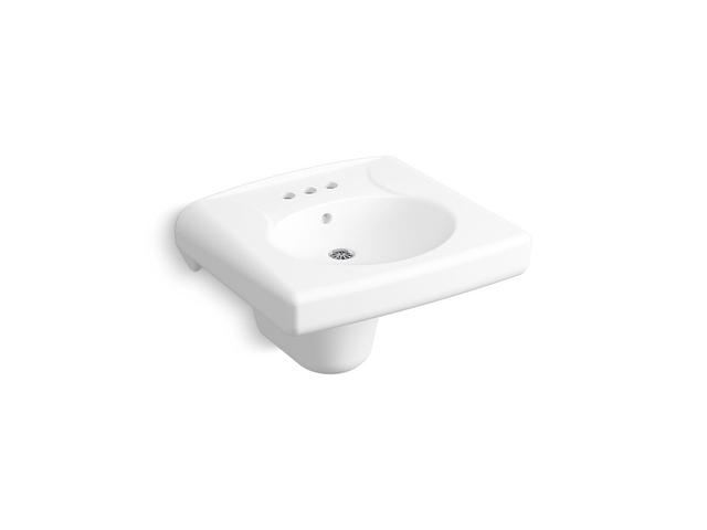 BrenhamE Wall-mount or concealed carrier arm mount commercial bathroom sink with 4'' centerset faucet holes and shroud, antimicrobial finish - White