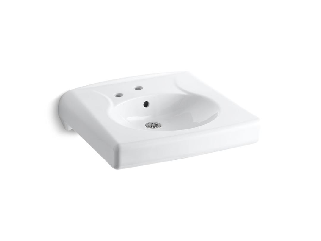 BrenhamE Wall-mount or concealed carrier arm mount commercial bathroom sink with single faucet hole and left-hand soap dispenser hole - White by Kohler