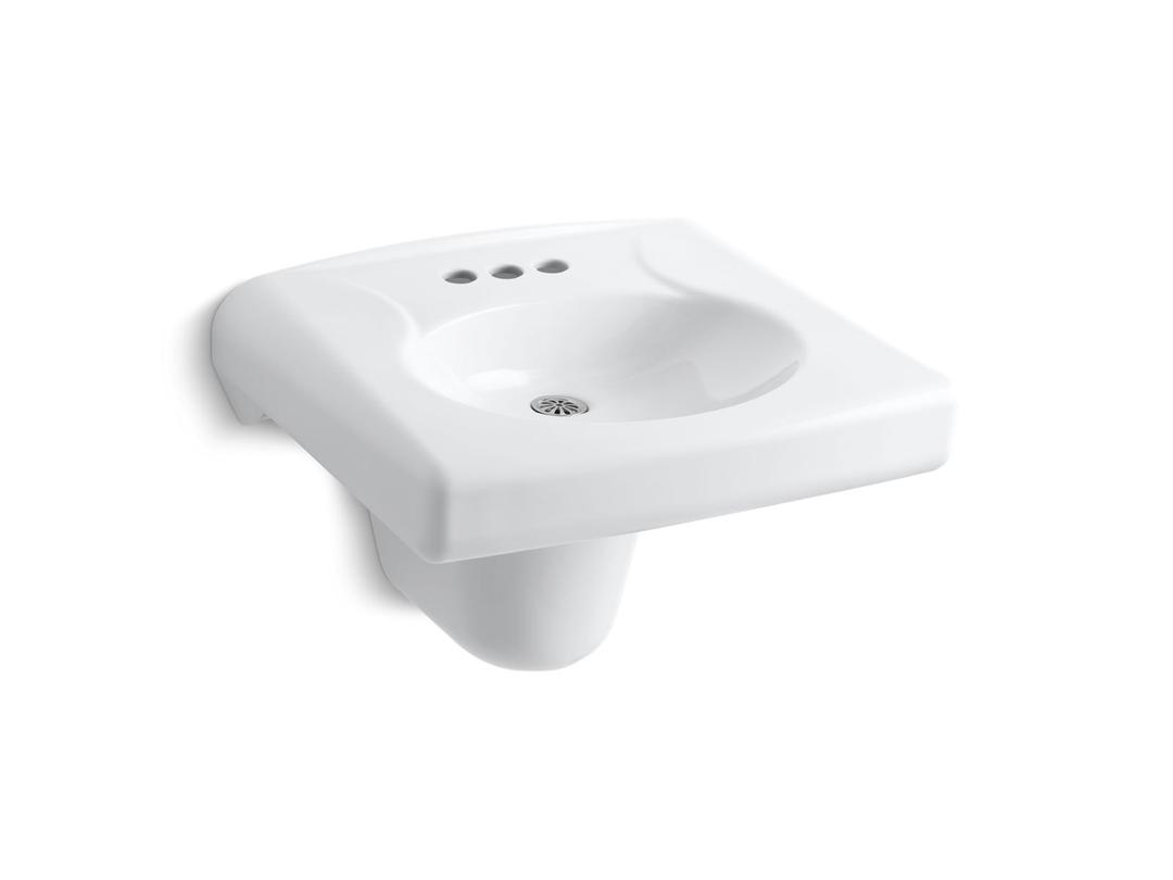 BrenhamE Wall-mount or concealed carrier arm mount commercial bathroom sink with 4'' centerset faucet holes and shroud - White by Kohler