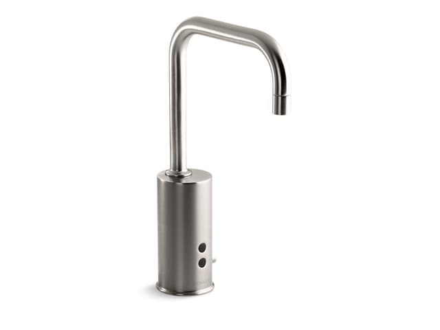 Kohler Gooseneck Centerset commercial lavatory faucet with 1.5 gpm spray, flexible connections and 5'' lever handle, drain not included and lift-rod hole - Vibrant Stainless
