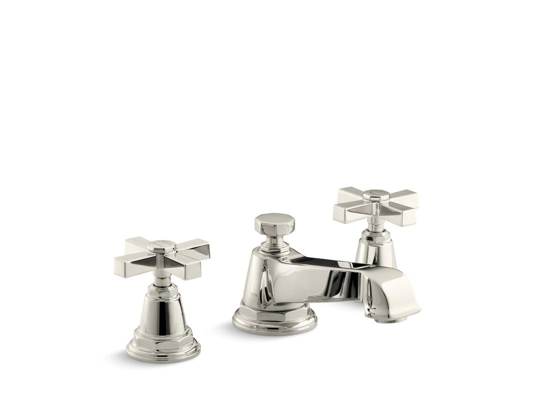 Kohler Pinstripe Pure Widespread bathroom sink faucet with Cross handles, 1.2 gpm - Vibrant Polished Nickel by Kohler