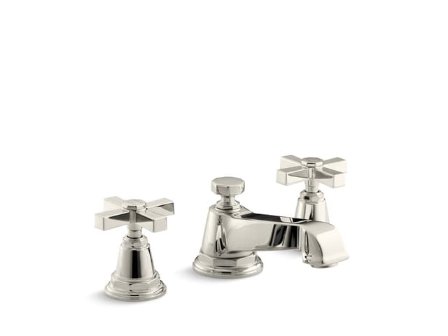 Kohler Pinstripe Pure Widespread bathroom sink faucet with Cross handles, 1.2 gpm - Vibrant Polished Nickel