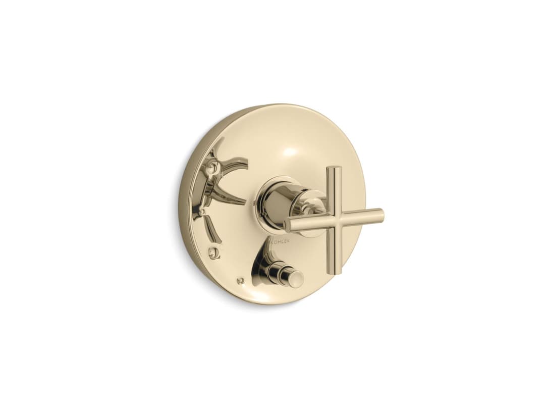 Kohler Purist Rite-Temp valve trim with push-button diverter and cross handle - Vibrant French Gold by Kohler