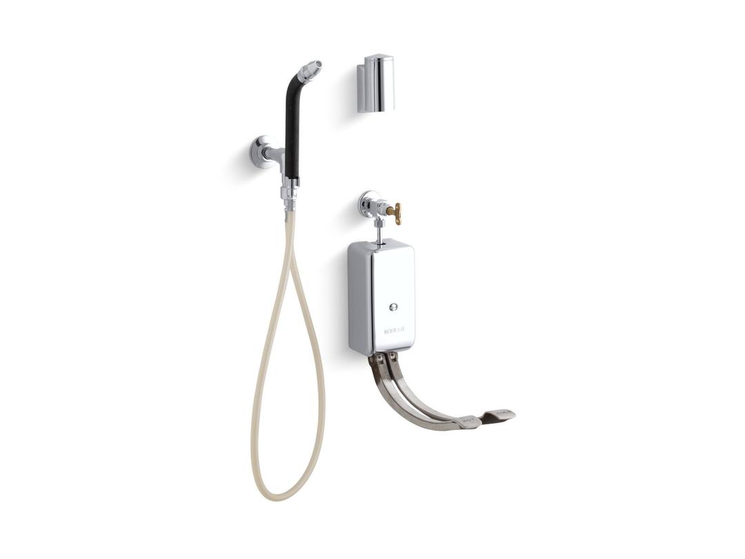 Bedpan washer with double foot control mixing valves and integral stops by Kohler