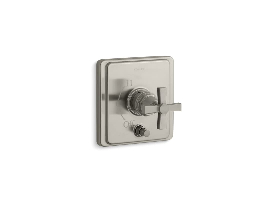 Kohler Pinstripe Rite-Temp valve trim with push-button diverter and cross handle - Vibrant Brushed Nickel by Kohler