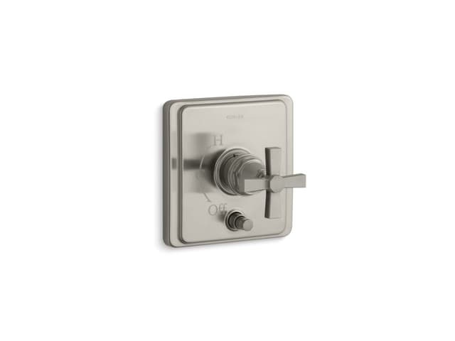 Kohler Pinstripe Rite-Temp valve trim with push-button diverter and cross handle - Vibrant Brushed Nickel