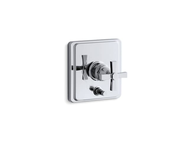 Kohler Pinstripe Rite-Temp valve trim with push-button diverter and cross handle - Polished Chrome