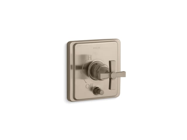 Kohler Pinstripe Rite-Temp valve trim with push-button diverter and cross handle - Vibrant Brushed Bronze