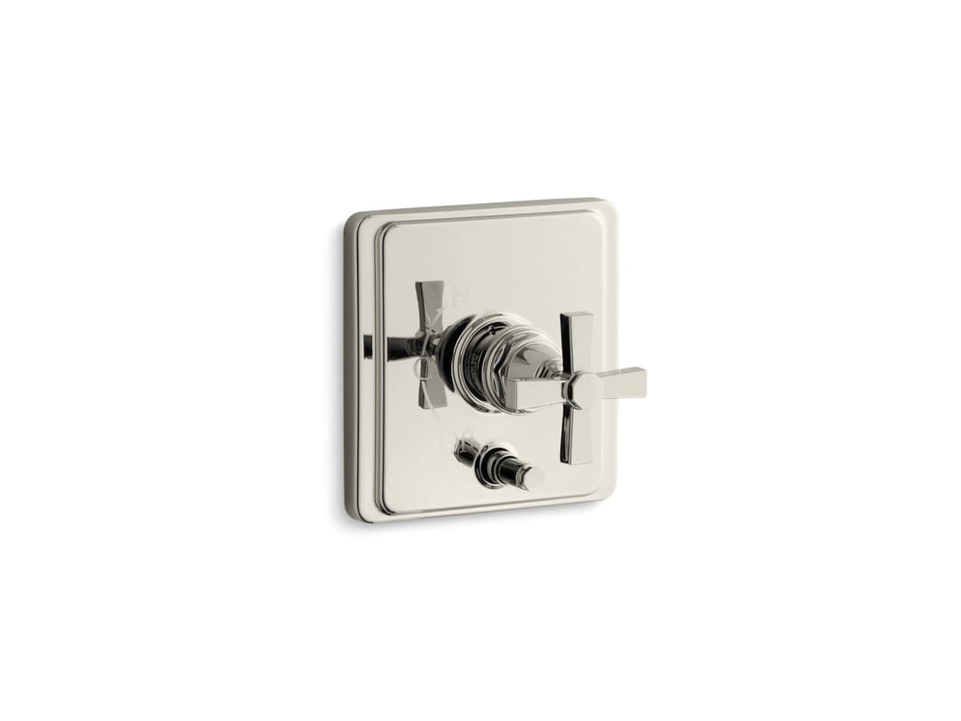 Kohler Pinstripe Rite-Temp valve trim with push-button diverter and cross handle - Vibrant Polished Nickel by Kohler