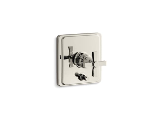 Kohler Pinstripe Rite-Temp valve trim with push-button diverter and cross handle - Vibrant Polished Nickel