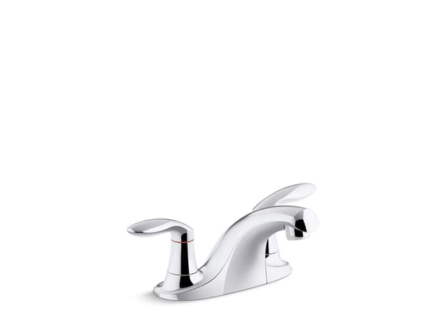 Kohler Coralais Two-handle centerset bathroom sink faucet with 0.5 gpm vandal-resistant aerator and red/blue indicator, less drain - Polished Chrome