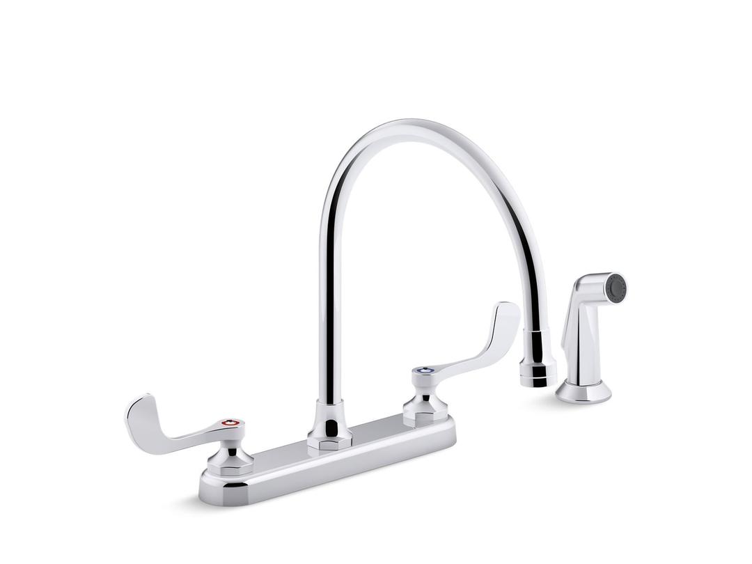 Kohler Triton Bowe 1.8 gpm kitchen sink faucet with 9-5/16'' gooseneck spout, matching finish sidespray, aerated flow and wristblade handles - Polished Chrome by Kohler
