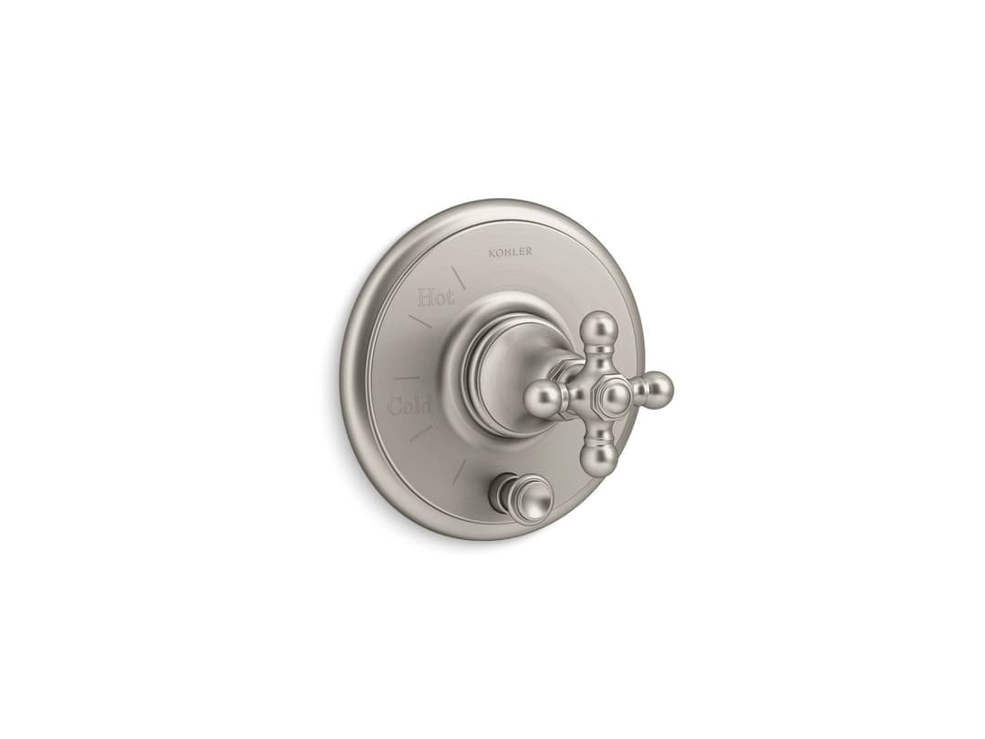Kohler Artifacts Rite-Temp valve trim with push-button diverter and cross handle - Vibrant Brushed Nickel by Kohler