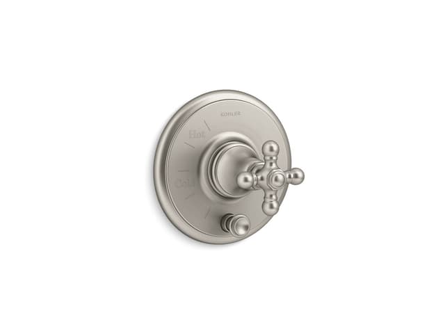 Kohler Artifacts Rite-Temp valve trim with push-button diverter and cross handle - Vibrant Brushed Nickel