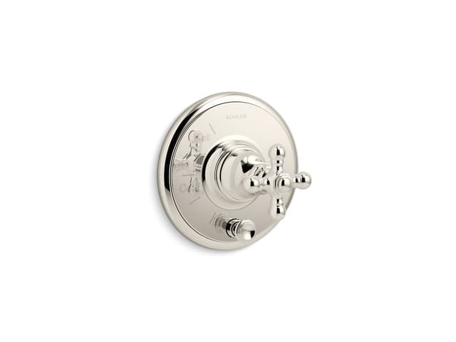 Kohler Artifacts Rite-Temp valve trim with push-button diverter and cross handle - Vibrant Polished Nickel