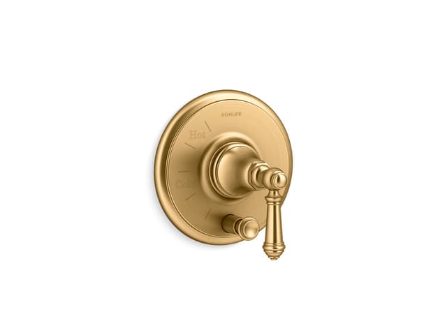 Kohler Artifacts Rite-Temp valve trim with push-button diverter and lever handle - Vibrant Brushed Moderne Brass