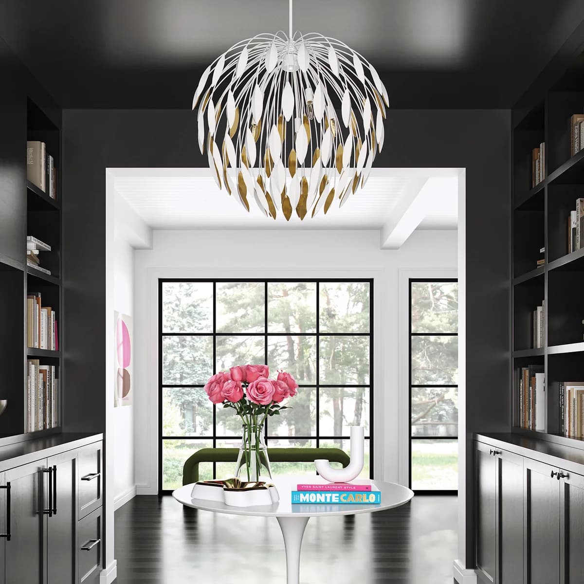 Margeaux chandelier in a dramatic dark library setting