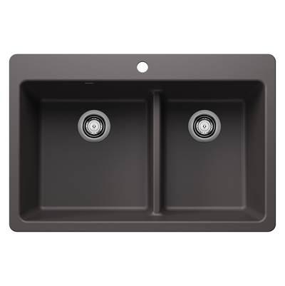 Liven SILGRANIT 33'' 60/40 Double Bowl Dual Mount Kitchen Sink with Low Divide - Cinder by Blanco