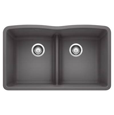 Blanco Diamond Silgranit 32'' 50/50 Double Bowl Undermount Kitchen Sink with Low Divide - Cinder by Blanco