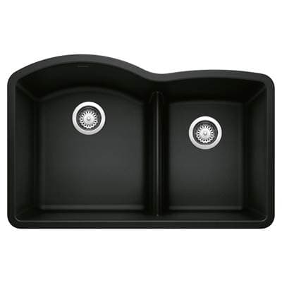 Blanco Diamond Silgranit 32'' 60/40 Double Bowl Undermount Kitchen Sink with Low Divide - Coal Black by Blanco