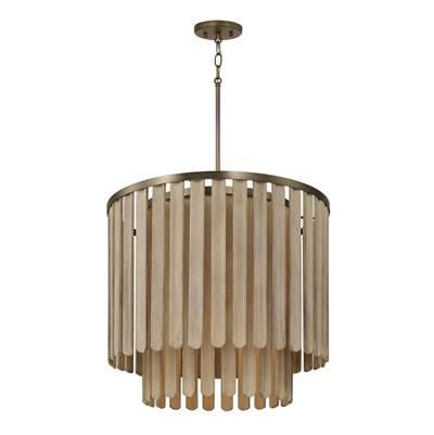 24'' W x 21'' H 5-Light Pendant in Dark Brass with Handcrafted Mango Wood in Nordic Grey Stain