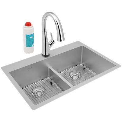Crosstown 18 Gauge Stainless Steel 33'' x 22'' x 9'', Equal Double Bowl Dual Mount Sink Kit with Filtered Faucet with Aqua Divide