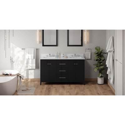 60'' Black Katara Vanity, Double Bowl, White Carrara Marble Vanity Top, Two Undermount Rectangle Bowls