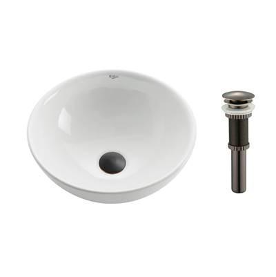 Soft Round Ceramic Vessel Bathroom Sink in White with Pop-Up Drain in Oil Rubbed Bronze by Kraus
